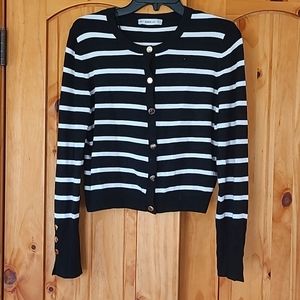 NWOT Zara Knit Black & White Striped Cardigan Viscose gold buttons Size Large L